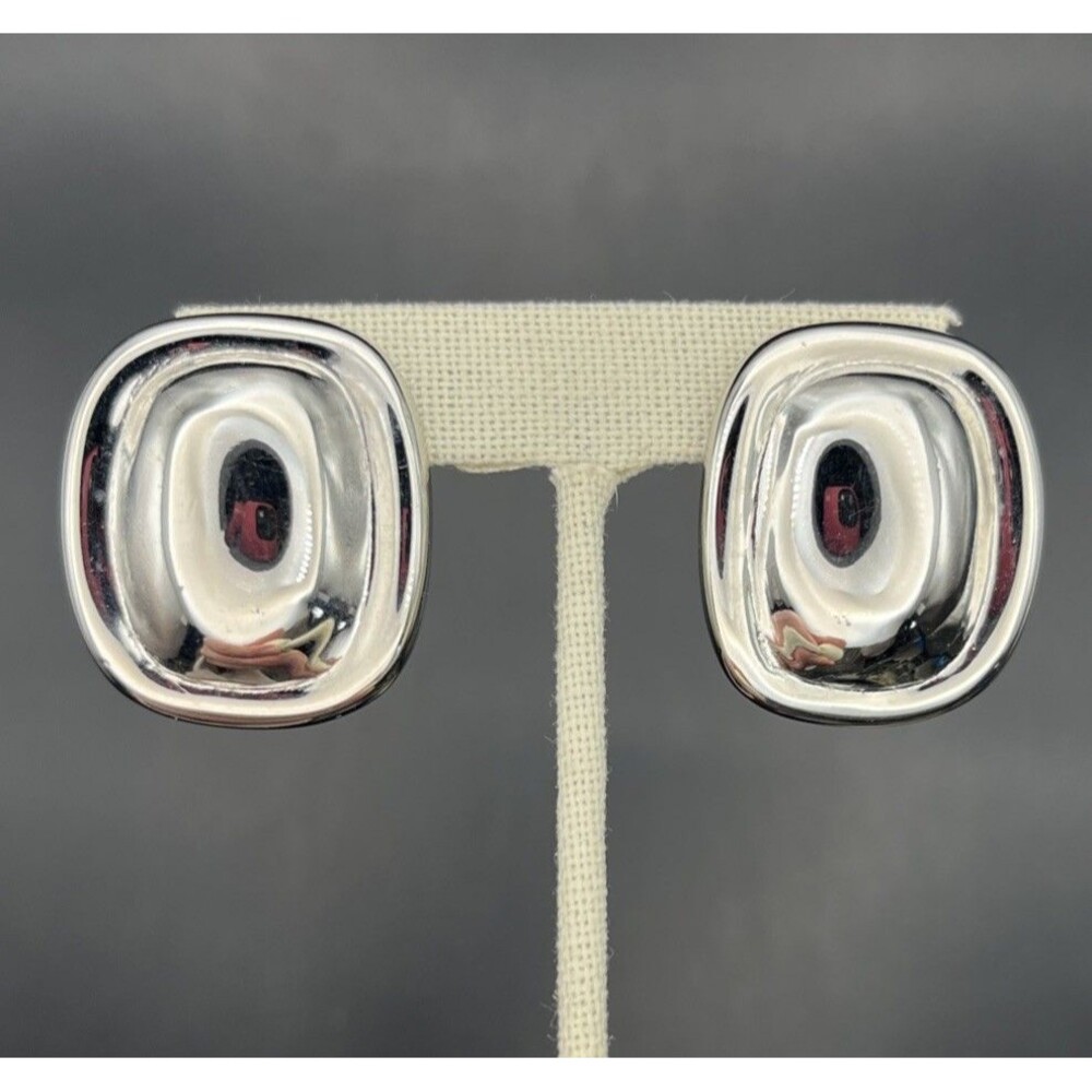 Alexis Kirk Clip On Earrings Chunky Mirror Finish Silver Tone Bold Big Vintage
